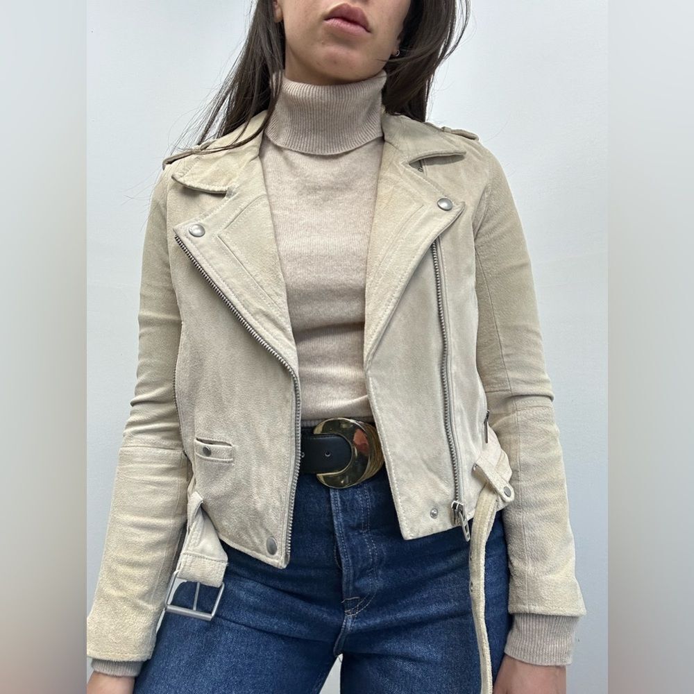 Blank NYC Beige Tan Suede Moto Biker Jacket Belted  Zip Front Silver Hardware S